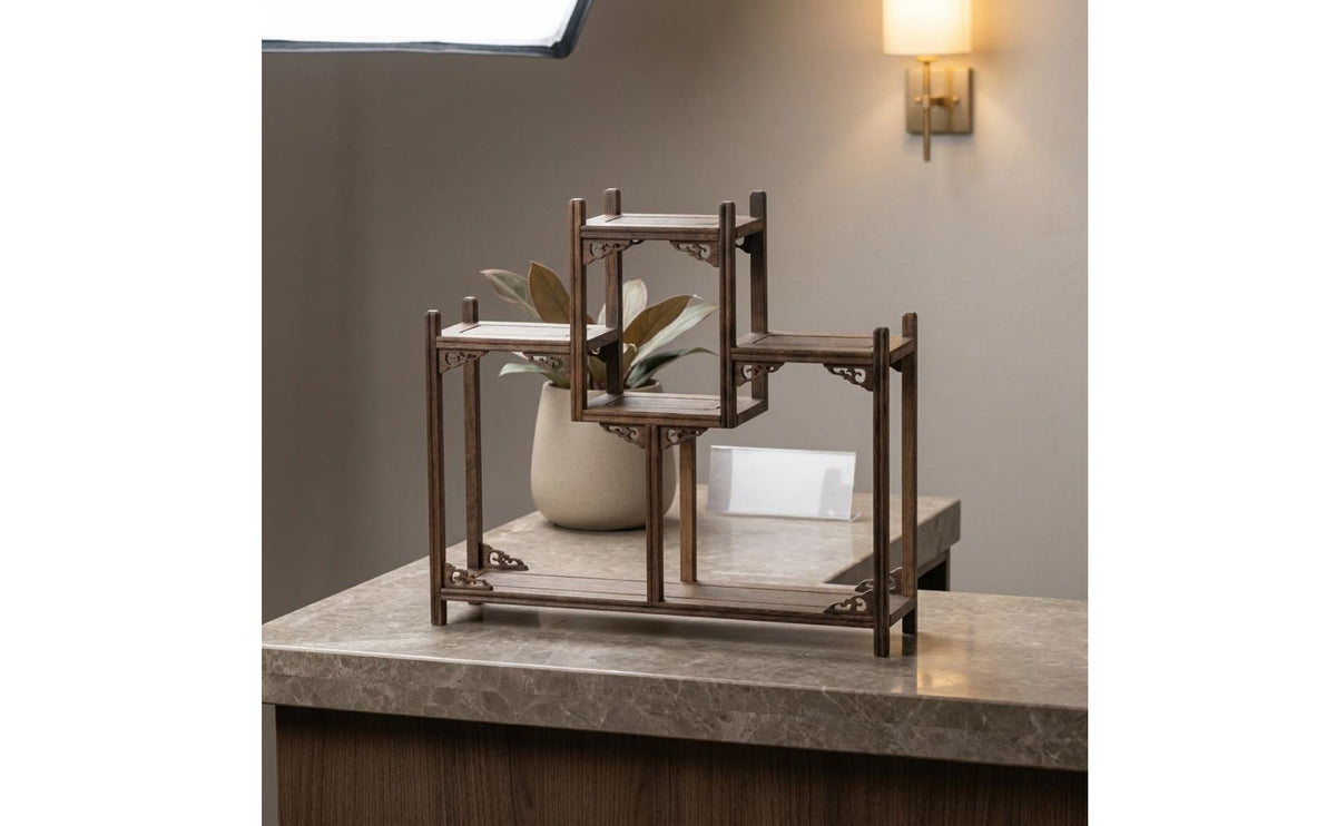 Wood Tea Set Rack Antique Look Wood Tea Rack Carved Design Teapot Display Shelf for Living Room