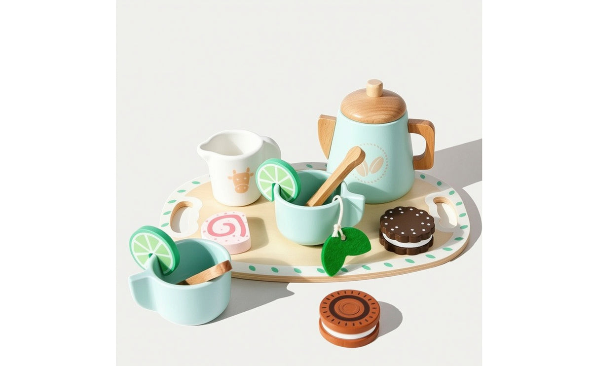 Wooden Toy Tea Set with Tray Kids Pretend Tea Set Sturdy Playset Easy to Clean for Toddlers