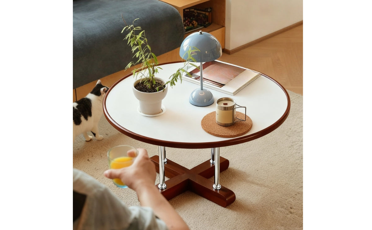 Round Coffee Table Mid-Retro-Modern Modern Coffee Table with Wood Base Low-Profile for Living Room