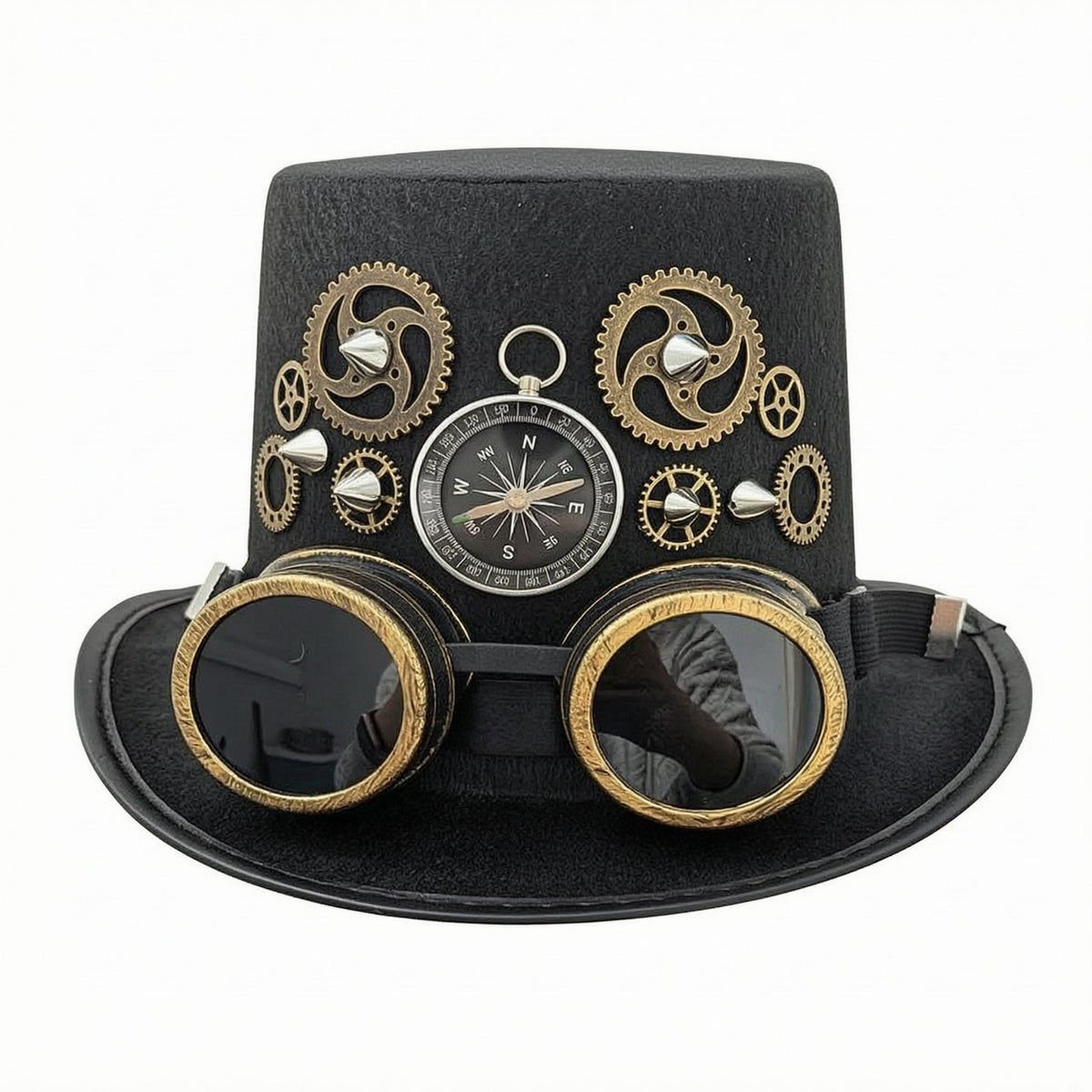 Gear-Shaped Steampunk Top Hat Compass Detail Top Hat with Goggles Bronze-Toned