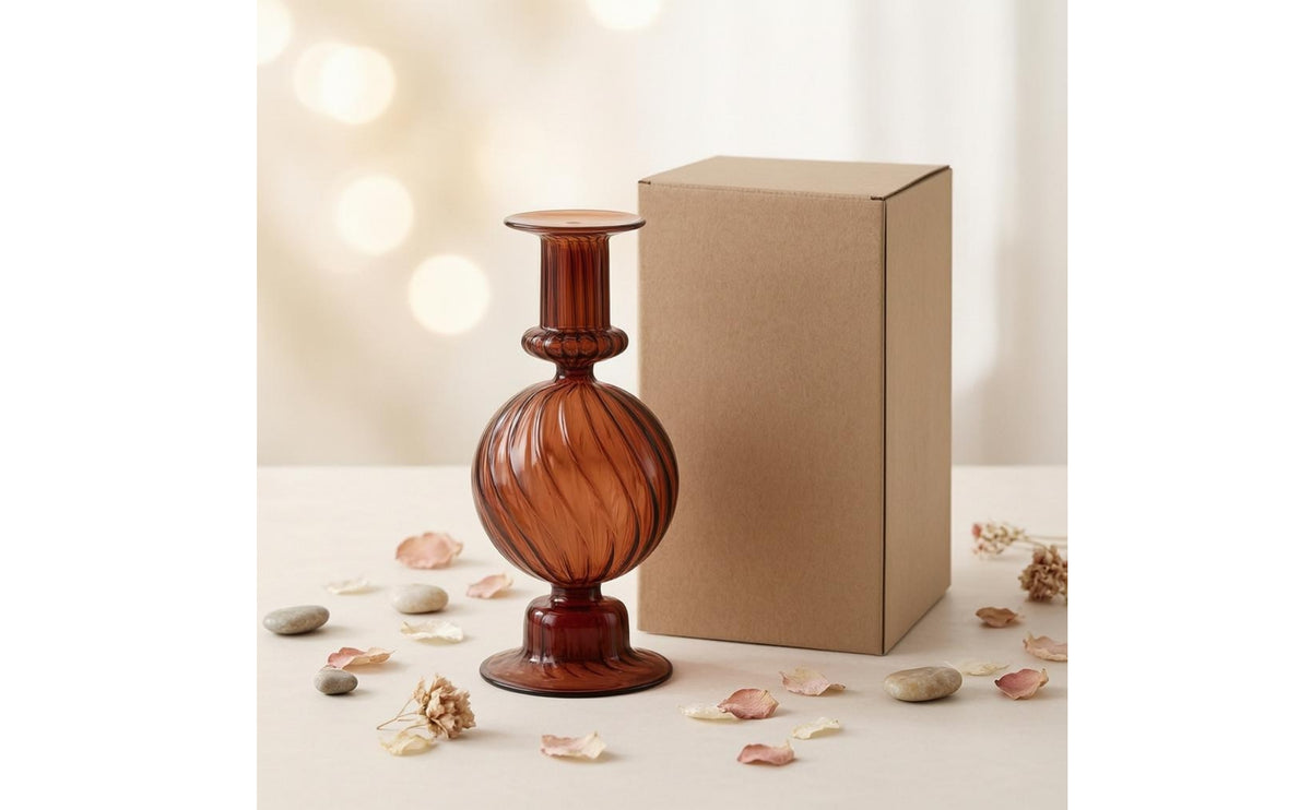 Glossy Finish Spherical Glass Candle Holder Translucent Ribbed Glass Candle Holder Broad Base Home Decor Narrow Top