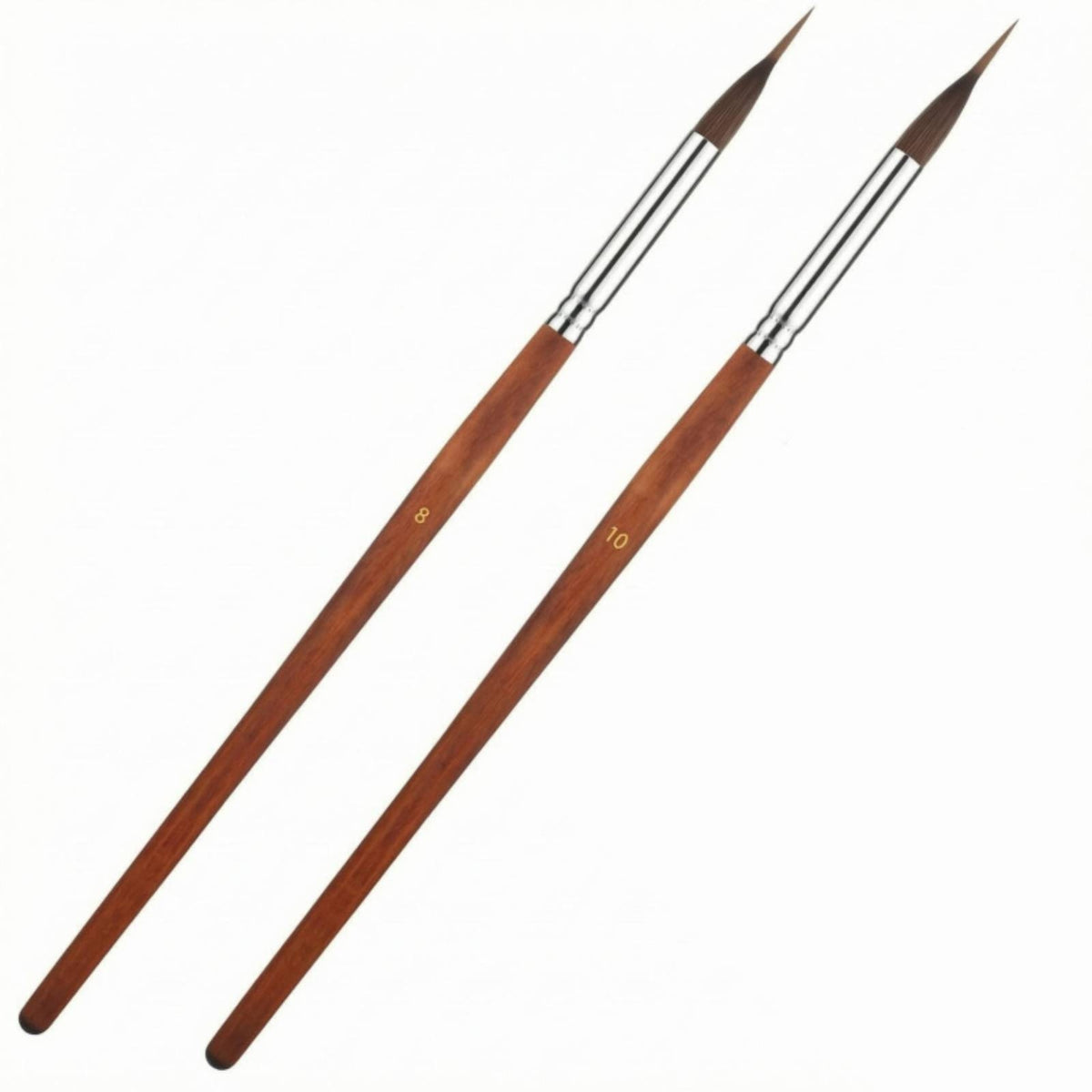 2 Pieces Numbered 8 and 10 Needle Tip Brush Brown Bristles Wood Handle Brush Metal Ferrule Art Supply Double Pack
