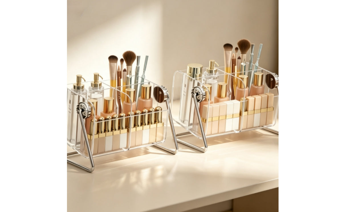 2 Pieces Acrylic Organizer with Metal Frame Divided Desktop Cosmetics Holder Versatile Acrylic Makeup Organizer for Dressing Table