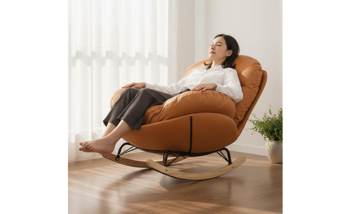 Lazy Sofa Chair Breathable Textile Eggshell Lounge Chair Soft Padding Recliner Sturdy Wood Base Living Room Furniture