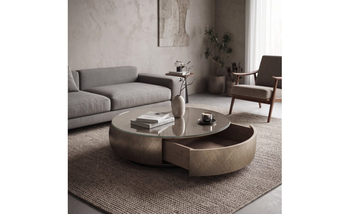 Drum Coffee Table Brushed Bronze Round Coffee Table Low-Profile for Living Room