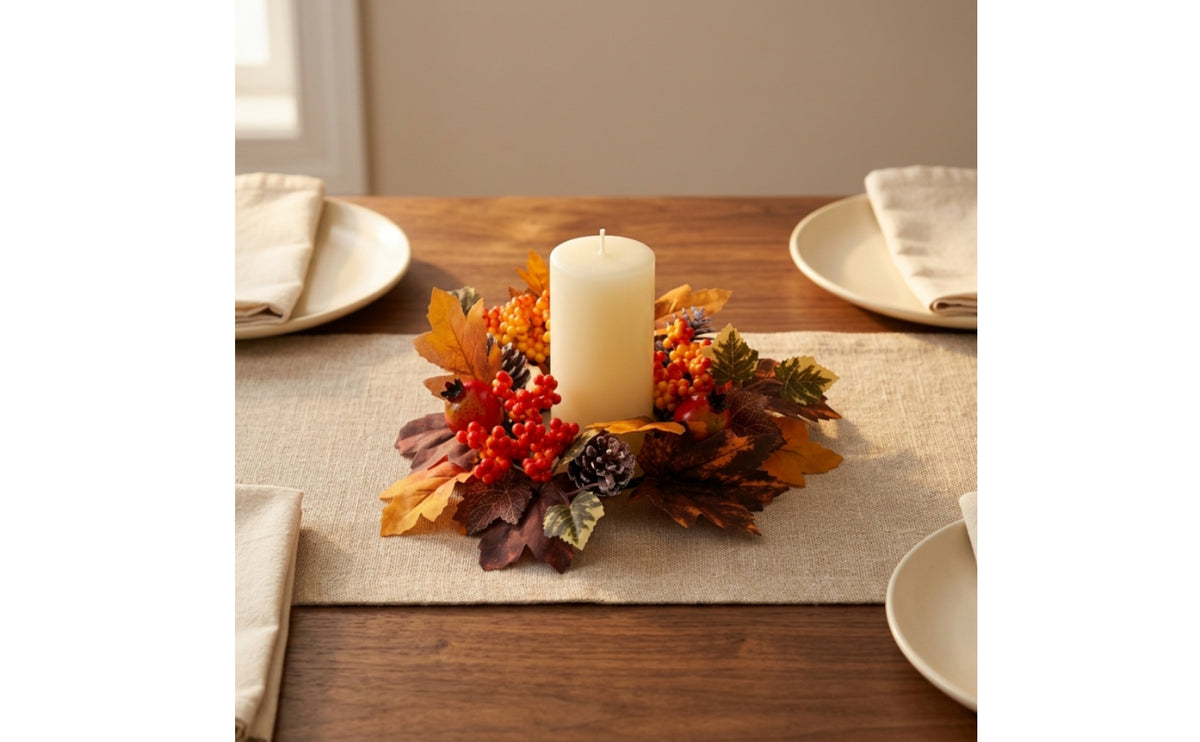 Autumn Candle Wreath Thanksgiving Fall Candle Wreath Table Centerpiece Wreath Harvest Seasonal for Hosts, Mantel, Entryway