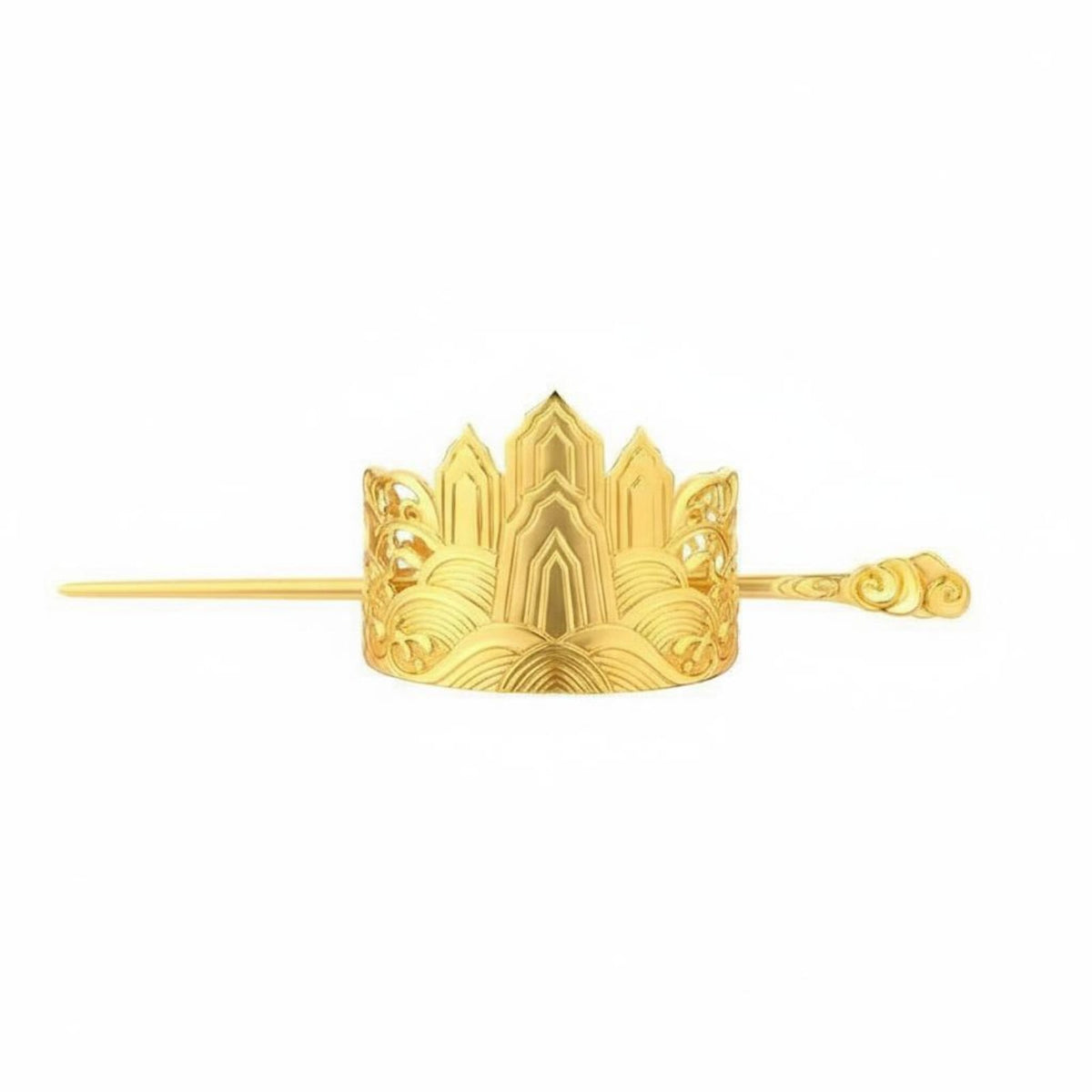Chinese Design Hair Crown Wave and Mountain Design Ponytail Cuff with Stick Metal Hair Bun Holder Gold-Plated Metal Bun Holder