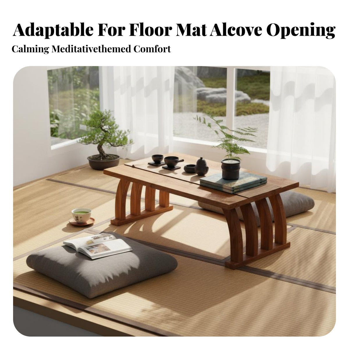 Foldable Curved Leg Kang Table Japanese Aesthetic Floor Desk Space-Saving Household Furniture Multifunctional for Tea Lovers, Students, Distant Workers, Bay Window, Tatami Room, Bedroom, Small Areas