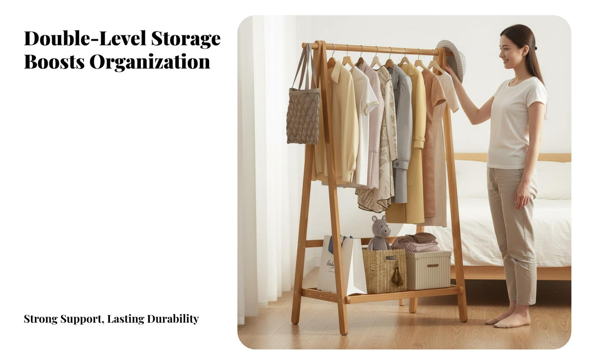 Multi-Functional Self-Standing Standing Garment Rack Multifunctional Self-Standing Standing Clothes Rack with Shelf Space Saving Bamboo Coat Stand Easy Assembly for Apartment Dwellers, Students, Renters, Bedroom, Dorm Room, Dormitory, Entryway