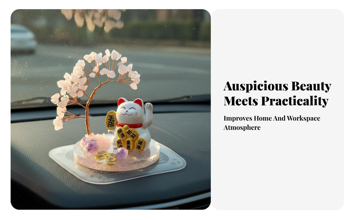 Welcoming Cat Wealth Tree Good Luck Charm Lucky Cat Money Tree Gemstone Lucky Cat Figurine for Business Owners, Car Dashboard, Living Room, Desk