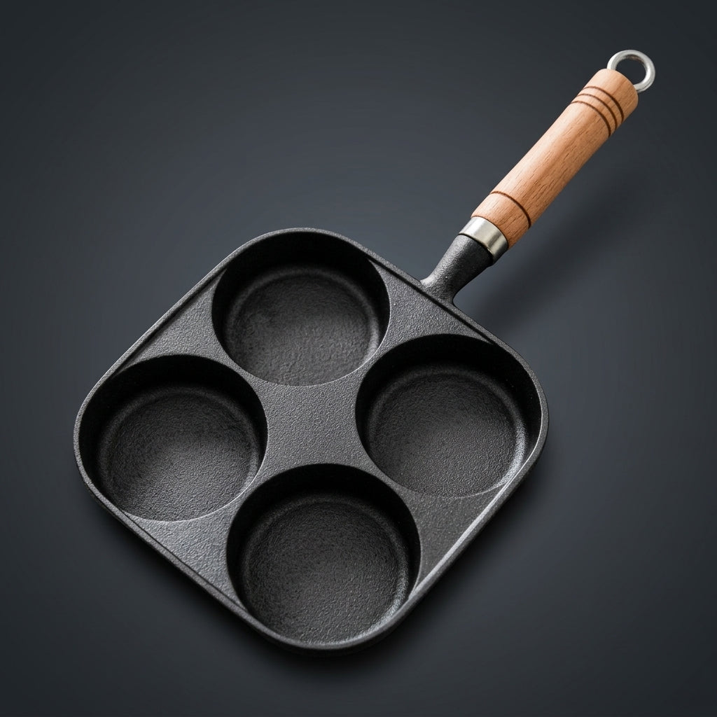 Frying Pan for Induction Hob and Cast Iron Pan for Breakfast, Pancake Pan and Egg Cooker with Wood Handle, Pancake Maker with No Coating