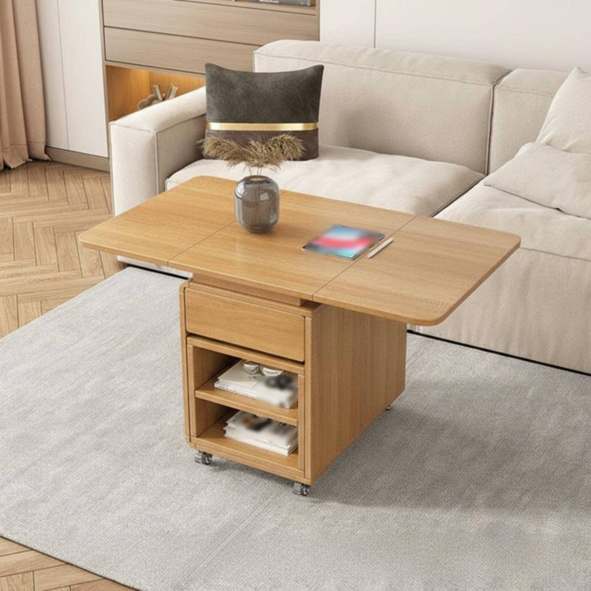 Drop-Flap Storage Cart Multi-Functional Living Room Furniture for Coffee Station