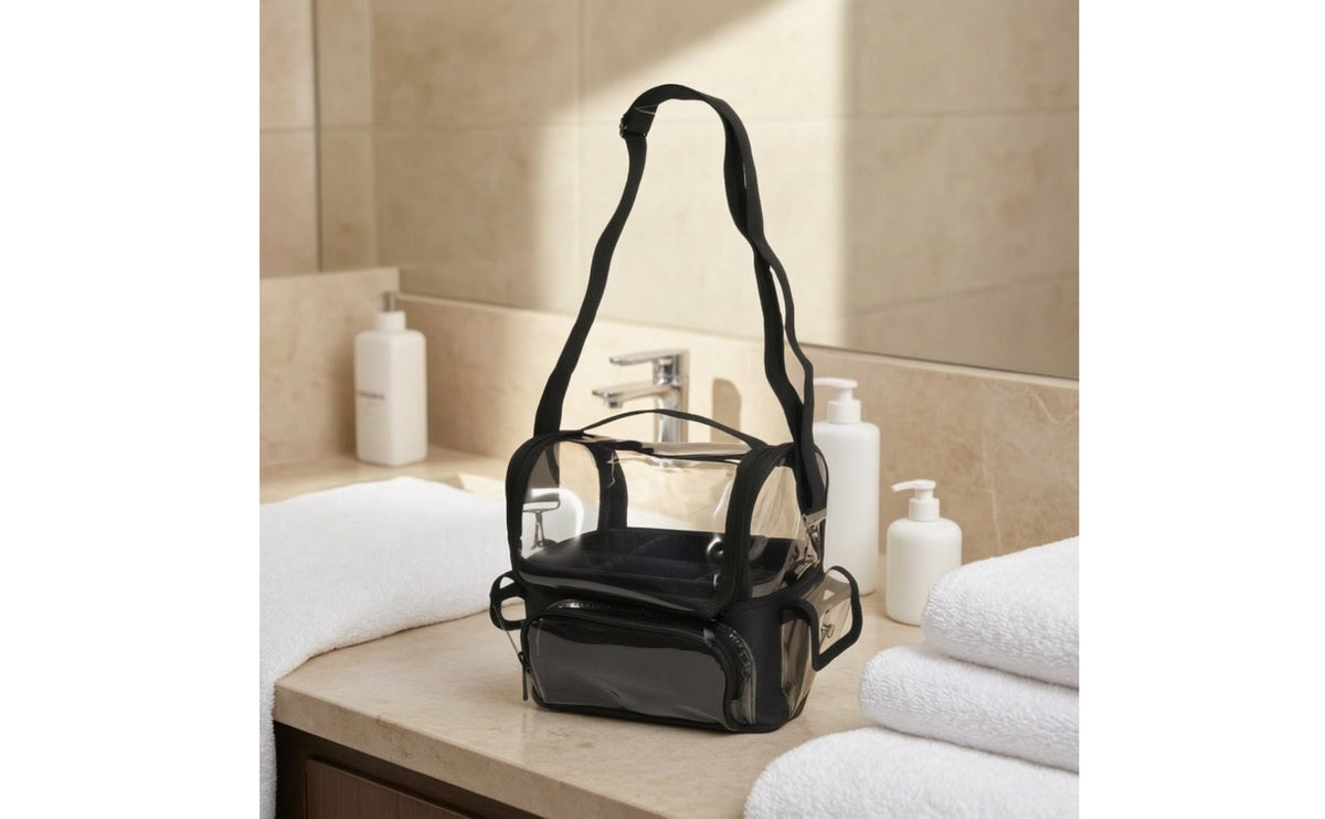 Clear Makeup Bag with Shoulder Strap Waterproof Transparent Toiletry Bag with Dividers Travel-Friendly Makeup Organizer Case for Journeyers, Washroom