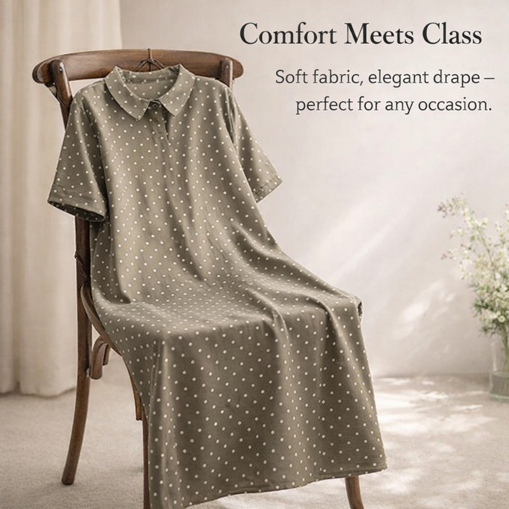Summer Dress for Women with Collar and Three Quarter Sleeves, Midi Shirt in Blended Fabric, Flattering Fit for Wedding Guest or Casual Wear