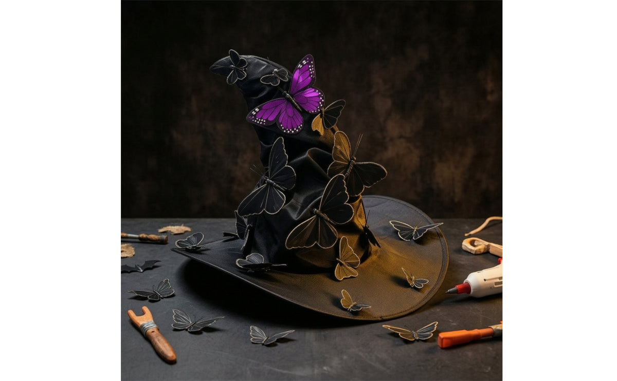 DIY Witch Hat with Butterflies Gothic Crumpled Witch Hat Satin Witches Cap Spooky for Cosplayers, Costume Parties, Photo Shoots