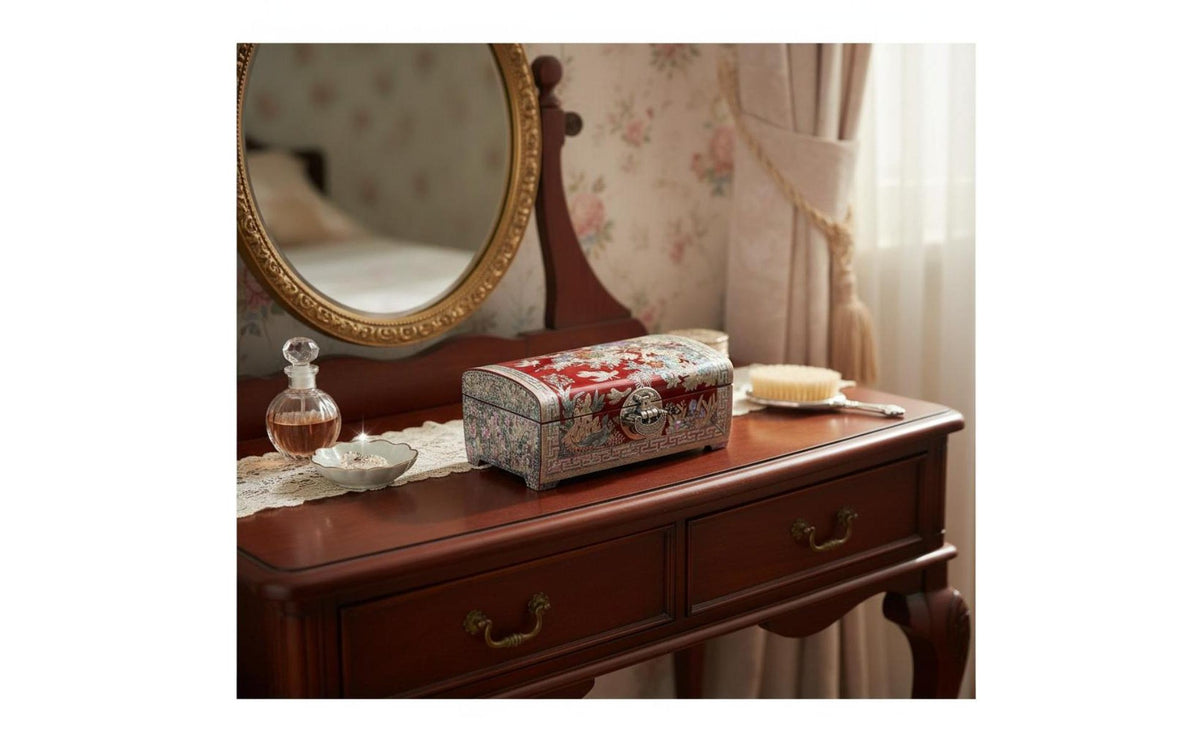 Traditional Craftsmanship Mother of Pearl Jewelry Box Lockable Design Wooden Jewelry Case with Lock Built-in Mirror for Women, Dressing Room