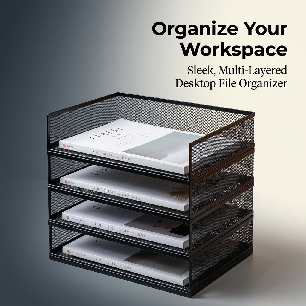 4-Tier Metal Mesh File Organizer, Desktop Document Holder for Office Workers, A4 Horizontal Black Storage Rack for Workstation