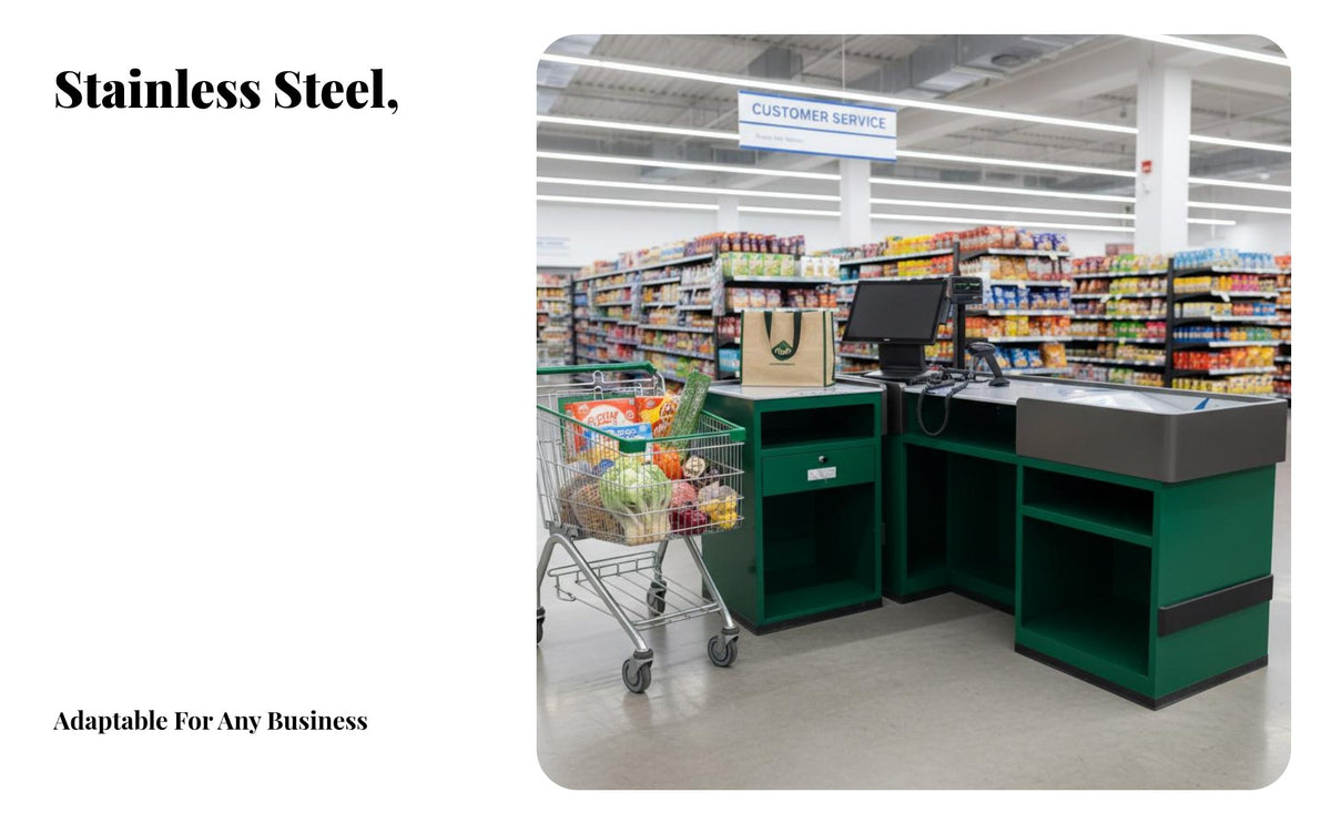 Modern Design Supermarket Checkout Stand Sturdy Construction Convenience Shop Money Ier Counter Multi-Tier Storage Retail Checkout Desk Easy Assembly for Business Owners, Retailers, Money Iers