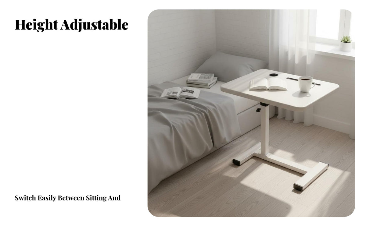 Space Saving Adjustable Height Rolling Desk Sturdy Steel Frame Adjustable Overbed Table Quiet Concealed Casters Mobile Laptop Stand Tilting Tabletop for Students, Home Workers, Apartment Dwellers, Bedroom, Small Areas, Dorm Room, Hospital