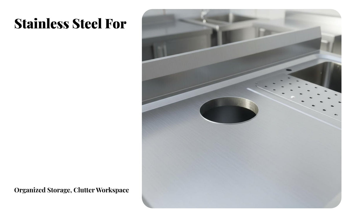 Stainless Steel Sink Workbench Built-in Garbage Disposal Opening Food Prep Station Sink Sliding Doors Commercial Kitchen Work Table for Chefs, Cafe