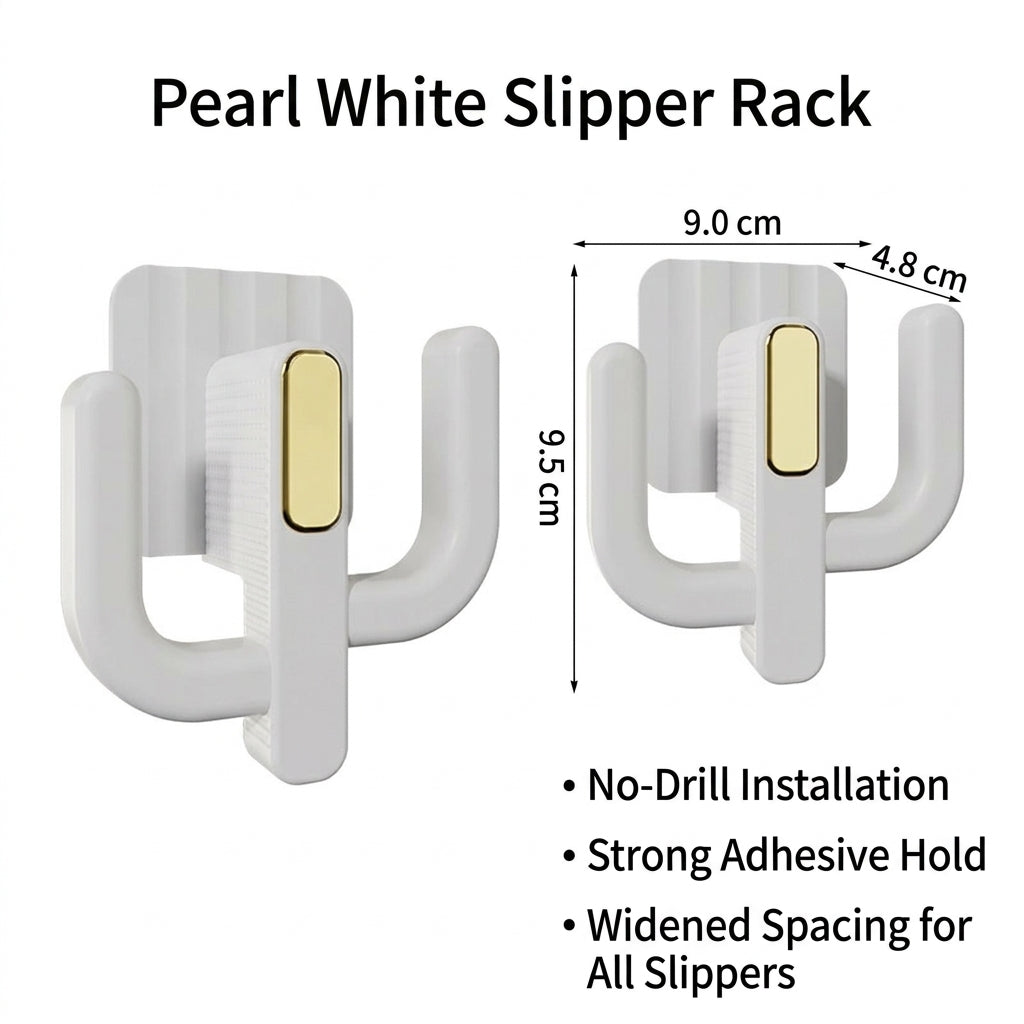 Slippers Rack Wall Mounted Adhesive No Drilling, Slipper Holder Organizer Storage Shelf with Hooks, ABS Rustproof for Washroom Toilet Kitchen