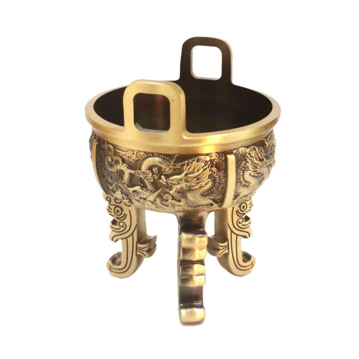 Incense Burner with Legs Brass Ding Bowl Dragon Relief Censer for Practitioners