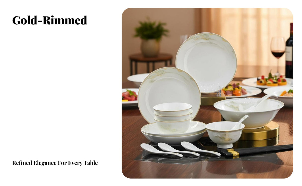 Bone China Dinnerware Set, Golden Rim Ceramic Bowls and Plates, High-Temp Porcelain, Wedding Housewarming Gift, Adult Tableware