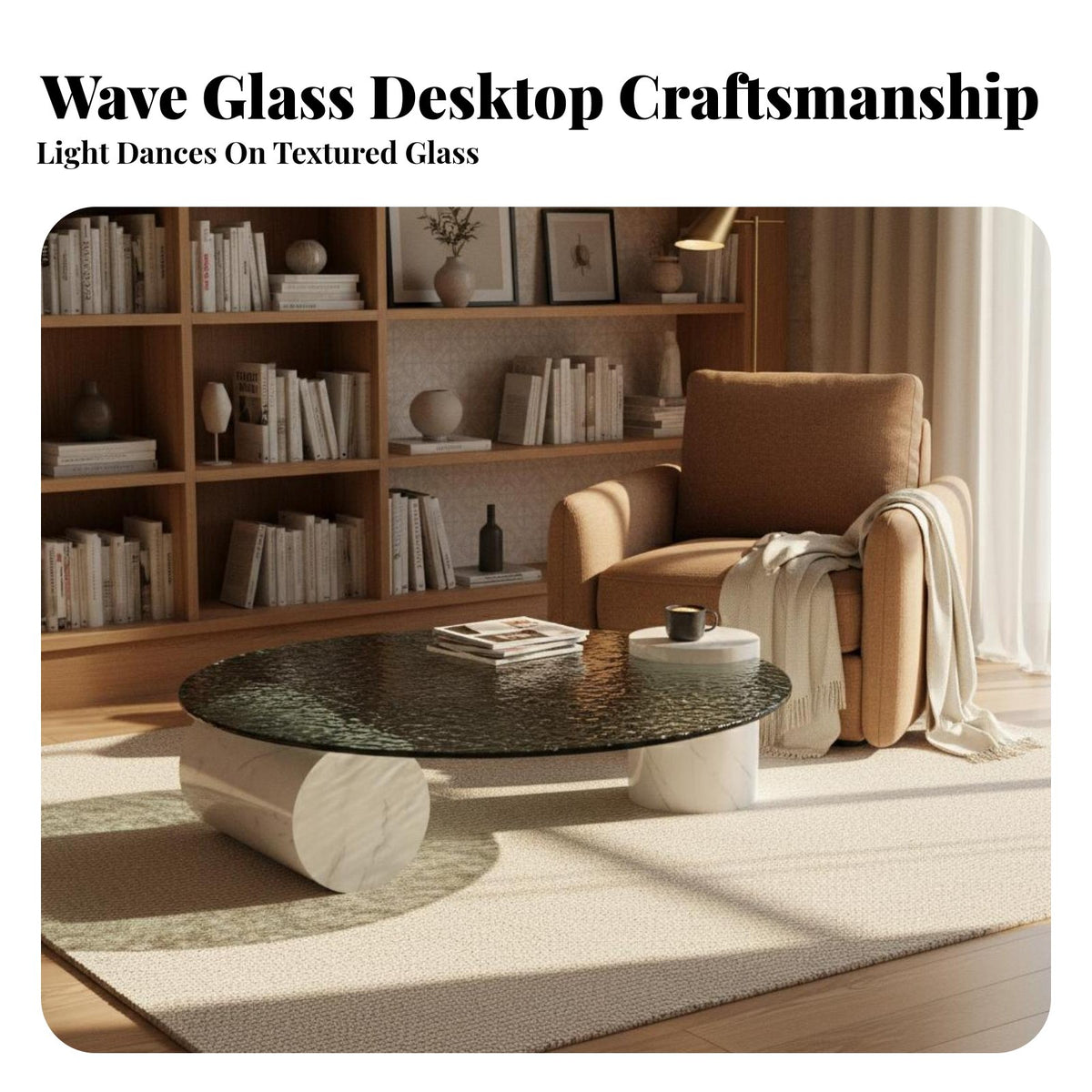Minimalist Design Round Coffee Table Italian Inspired Round Table with Cylindrical Legs Water Wave Top Home Furniture Easy to Clean for Homeowners, Interior Designers, Apartment Dwellers, Living Room, Small Apartments, Lounge Area