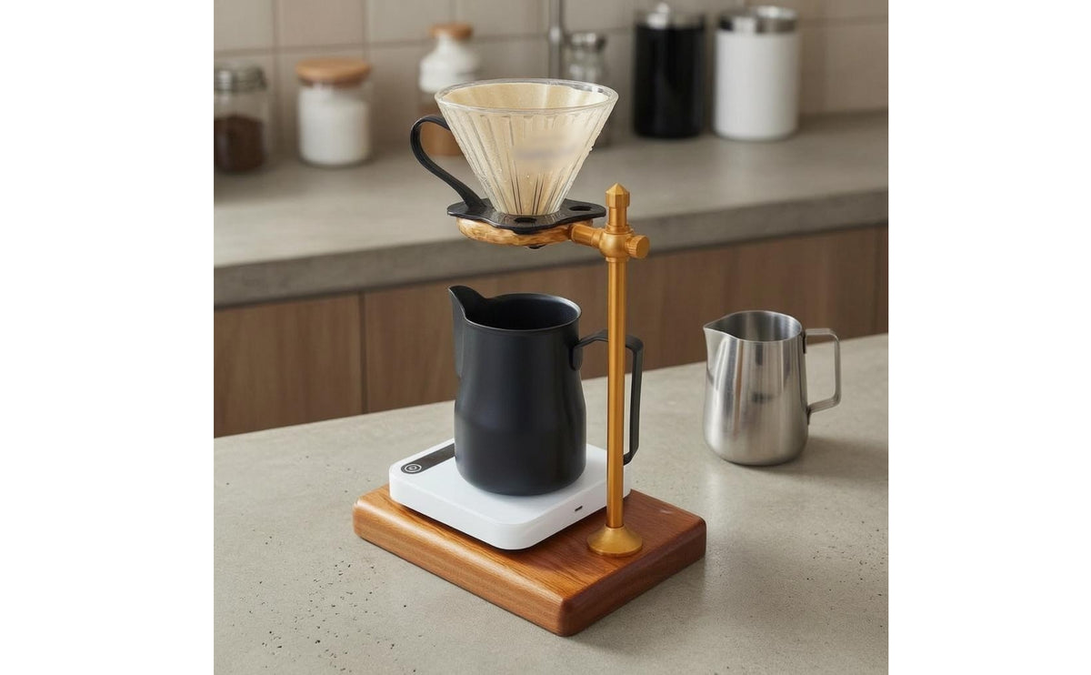 Manual Coffee Dripper Stand Solid Wood Gold-Colored Metal Wooden Coffee Dripper Holder