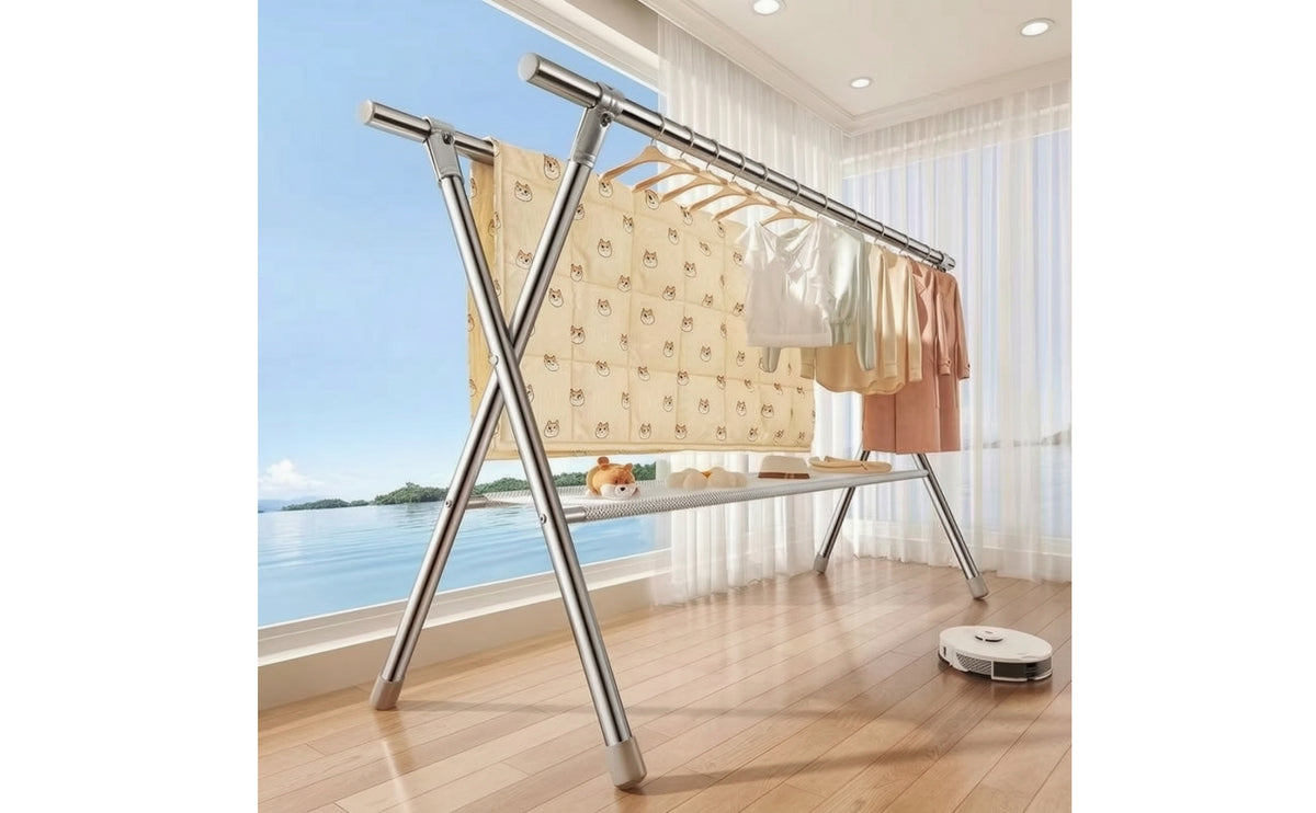 Stainless Steel Drying Rack with Net Floor-Standing Laundry Drying Rack Heavy Duty Sturdy for Balcony, Patio