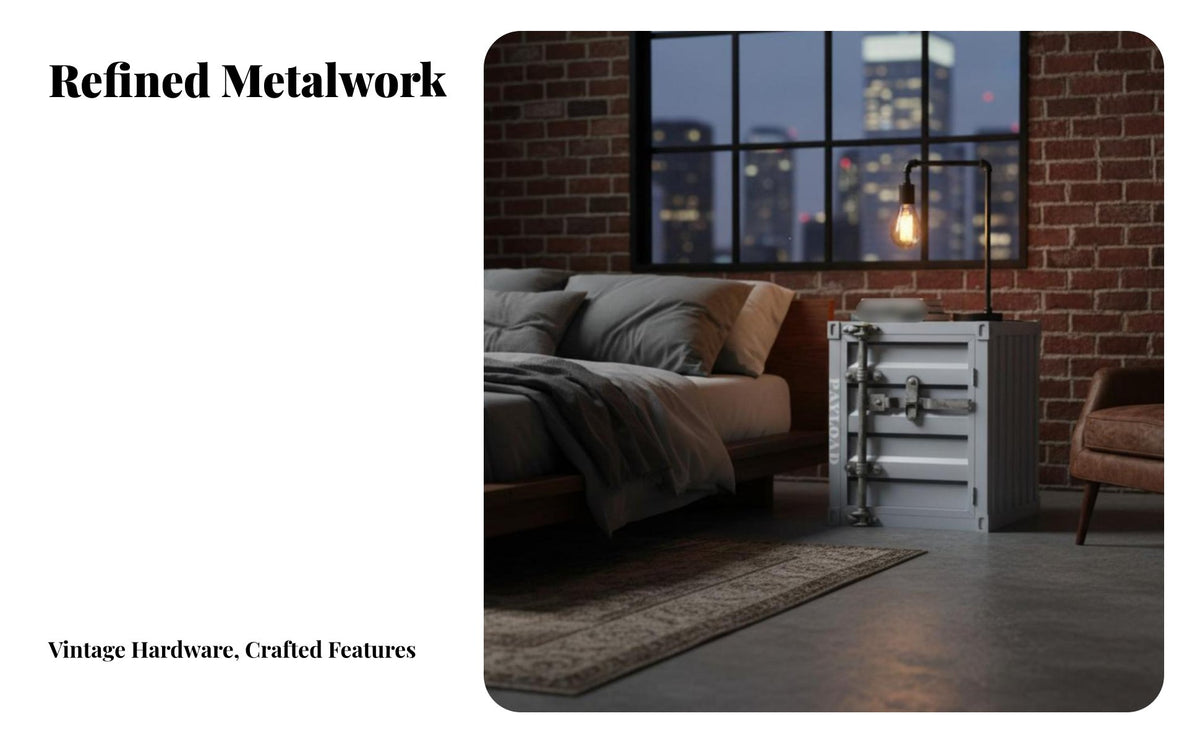 Industrial Design Shipping Container Nightstand Multi-Functional Bedside Nightstand Modern Design Storage Cabinet Easy to Assemble for Young Adults, Homeowners, Students, Bedroom, Living Room, Loft Apartment, Office