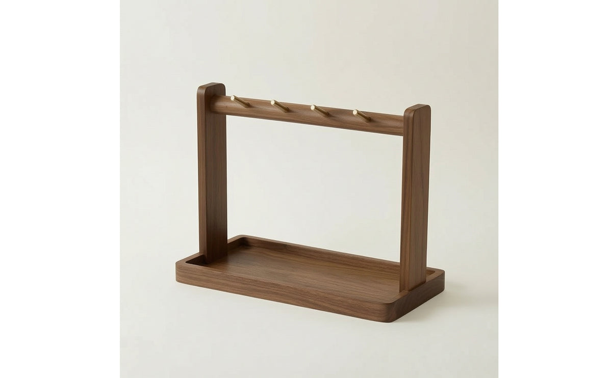 Walnut Valet Tray with Hanging Rod Freestanding Wooden Key Holder Stand with Tray Decorative Wooden Organizer with Hooks Compact for Entryway