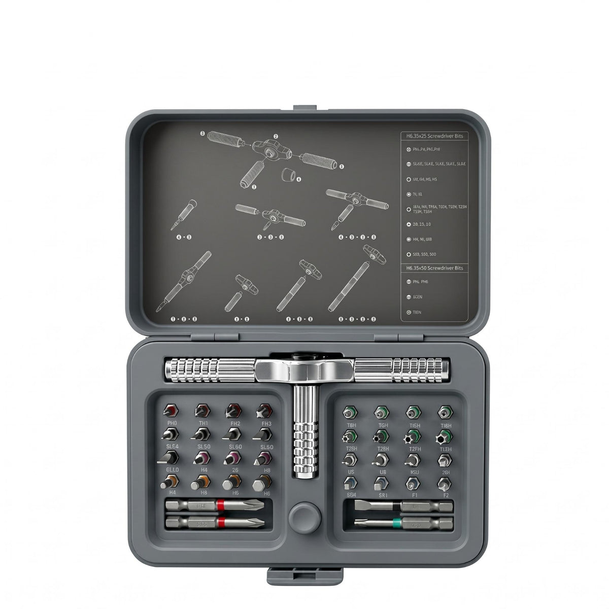 Molded Compartments Ratcheting Screwdriver Set Textured Grip Socket Driver Set Gray Multi-Bit Screwdriver Kit