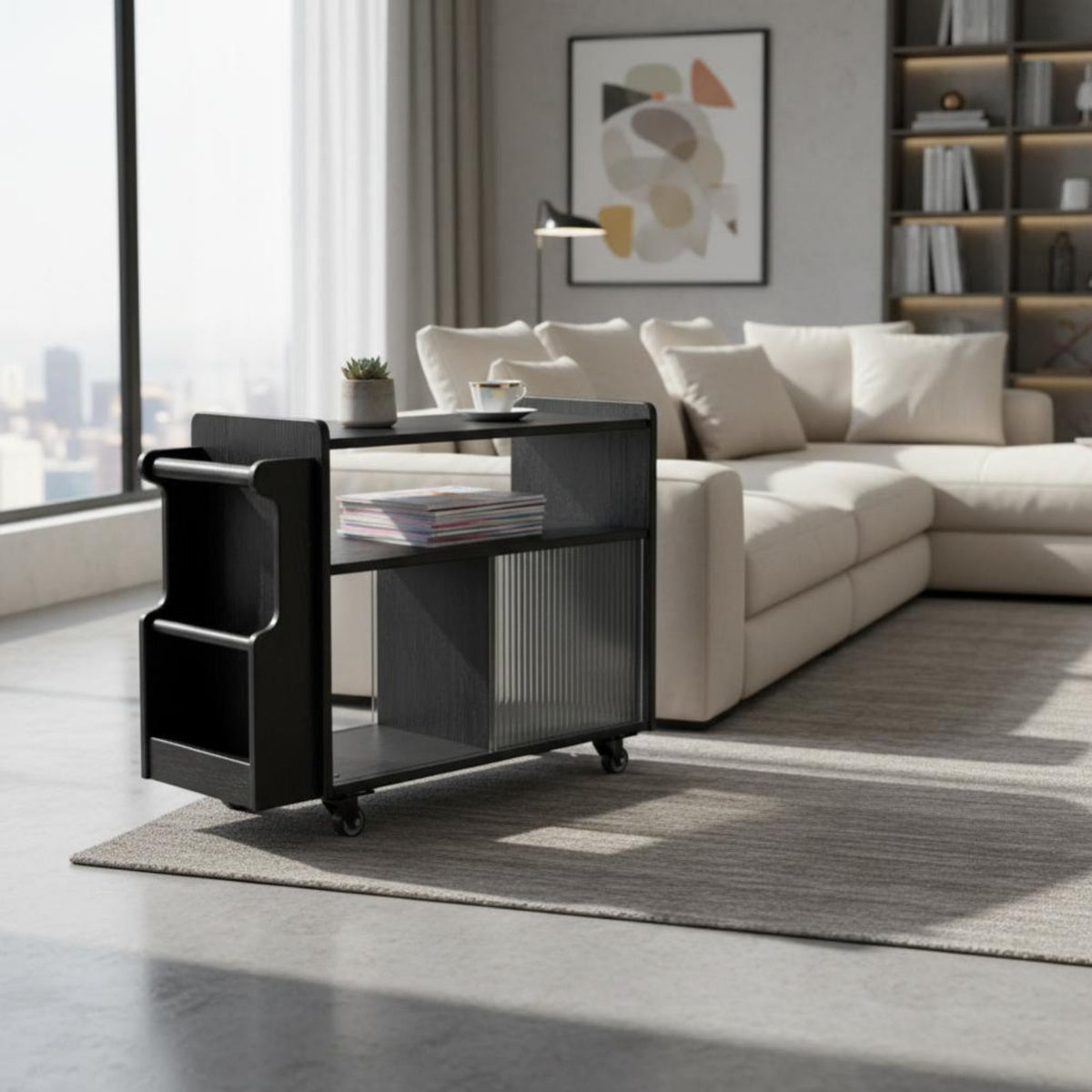 Multi-Functional Rolling Side Table Space-Saving Rolling End Table with Magazine Rack Compact Design Living Room Furniture Fluted Glass Door for Apartment Dwellers, Homeowners, Office Workers, Small Areas, Bedroom