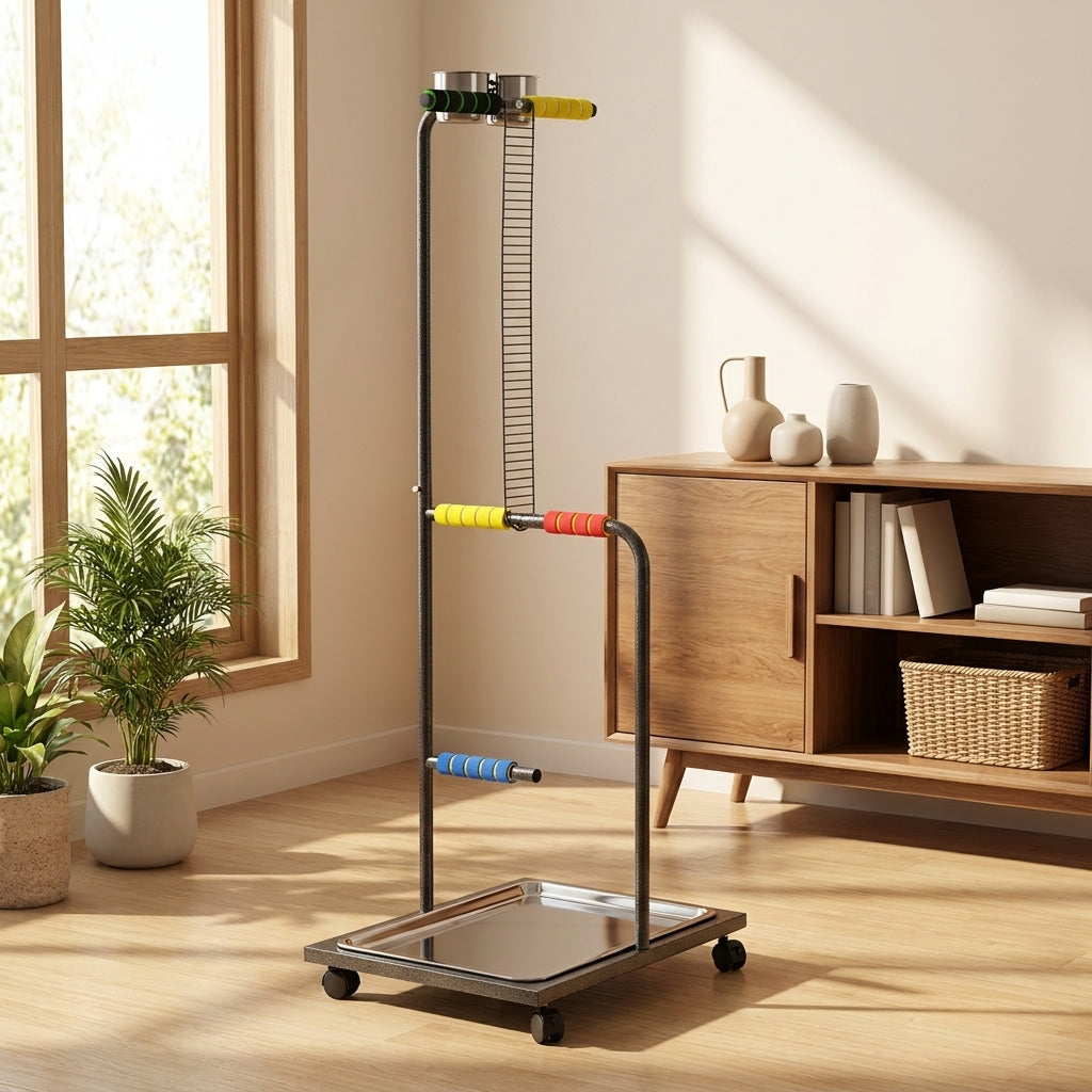 Large Parrot Stand and Avian Stand with casters, Metal Multi-Perch Pet Bird Stand with Washable Tray, Indoor Play Area for Large Birds
