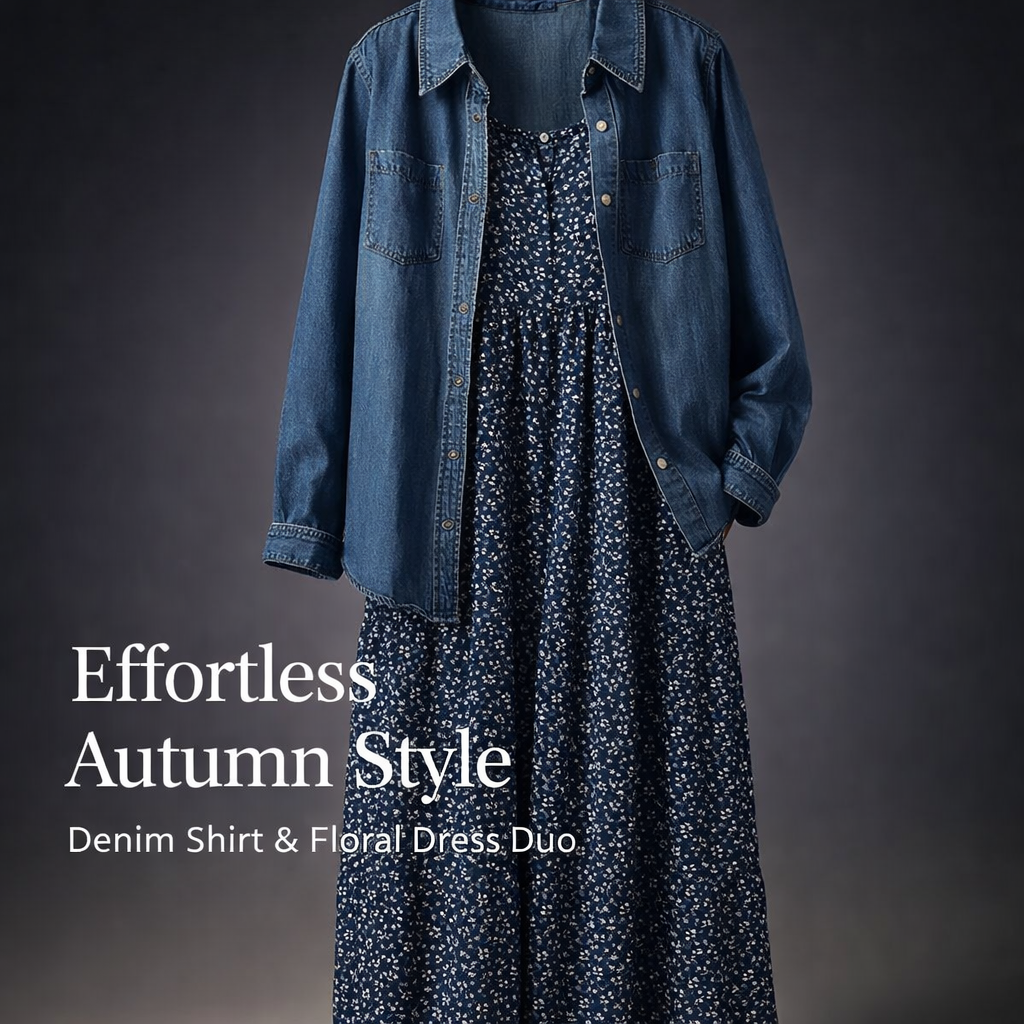 Denim Dresses for Women 2 Piece Outfits with Long Sleeve Shirt and Floral Print Dress, Plus Size Two Sets for Autumn Casual Wear