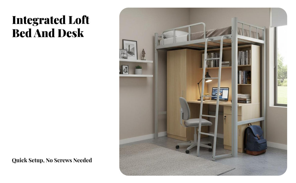 Space-Saving Dormitory Bed with Desk Multi-Functional Metal Loft Bed with Desk Stable Structure Bedroom Furniture Sturdy Guardrail for Students, Dorm Residents, Young Adults, Small Apartment