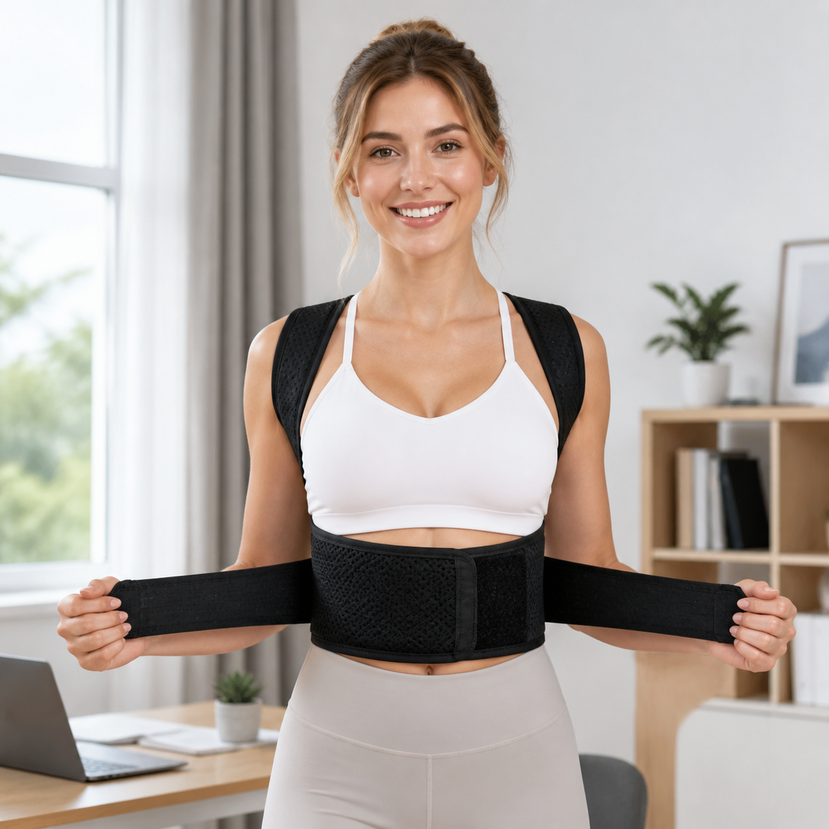 Adjustable Back Brace, Breathable Back Support with Spinal Support, Unisex Posture Brace for Office Workers, Black Mesh Material