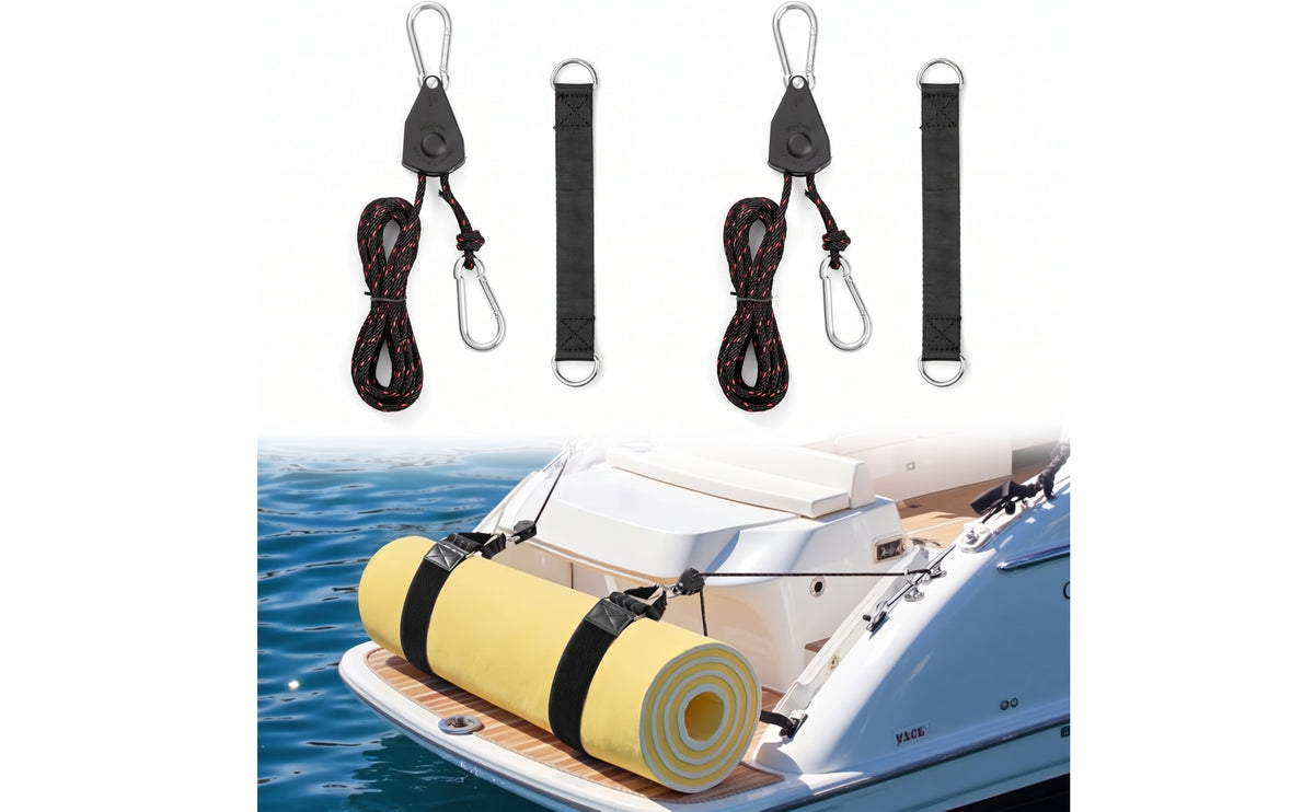2 Pieces Ratchet Rope Hanger Heavy Duty Rope Hanger with Carabiners Self Locking Ratchet Tie down Strap for Boaters, Marine Storage, Boat Deck