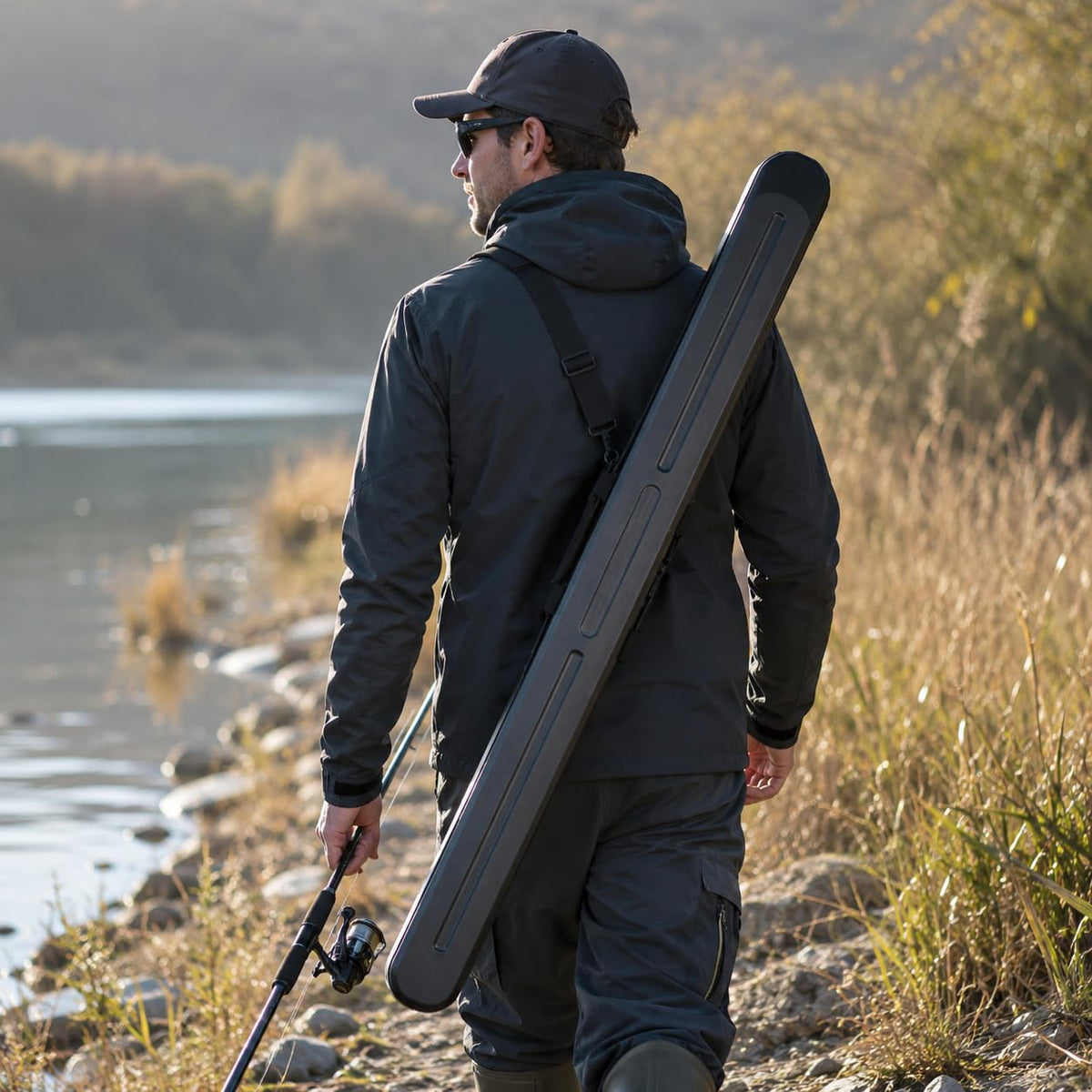 Large Capacity Fishing Rod Bag ABS Hard Shell Waterproof Fishing Tackle Bag 1.25/1.3m Lightweight Double Zipper Fishing Bag