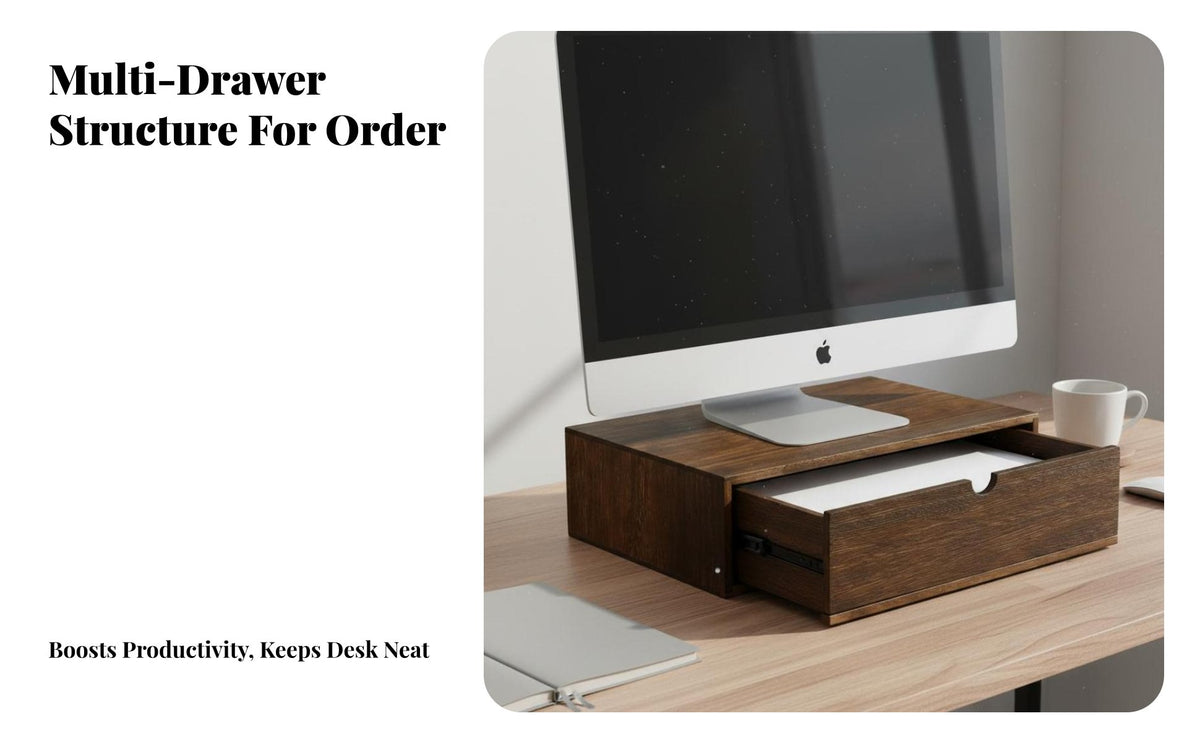 Space-Saving A4 Paper Storage Cabinet Versatile Multi-Use Wooden Desktop Drawer Unit Large Capacity Monitor Riser with Storage Drawer Minimalist Design for Students, Homeowners, Hobbyists, Workspace, Study Room, Countertop, Nightstand