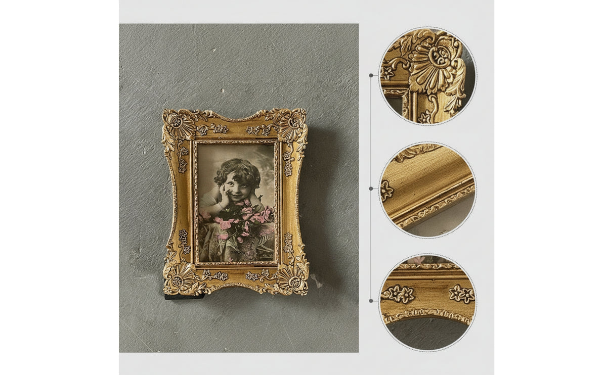 Ornate Carved Picture Frame Antique-Style Resin Photo Frame Gold-Toned Tabletop for Living Room, Bedroom, Entryway