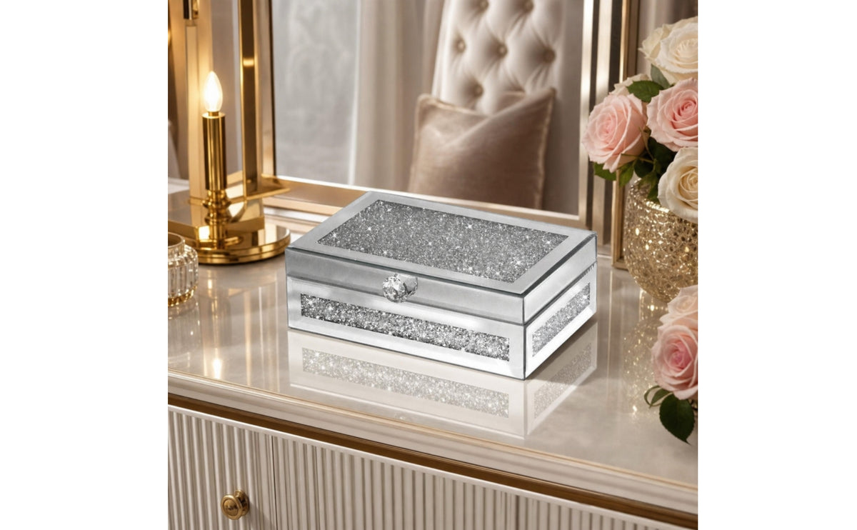 Mirrored Jewelry Box Glittery Jewelry Organizer with Hooks Sparkling Trinket Box with Mirrored Lid for Women, Girls, Vanity, Dresser, Nightstand