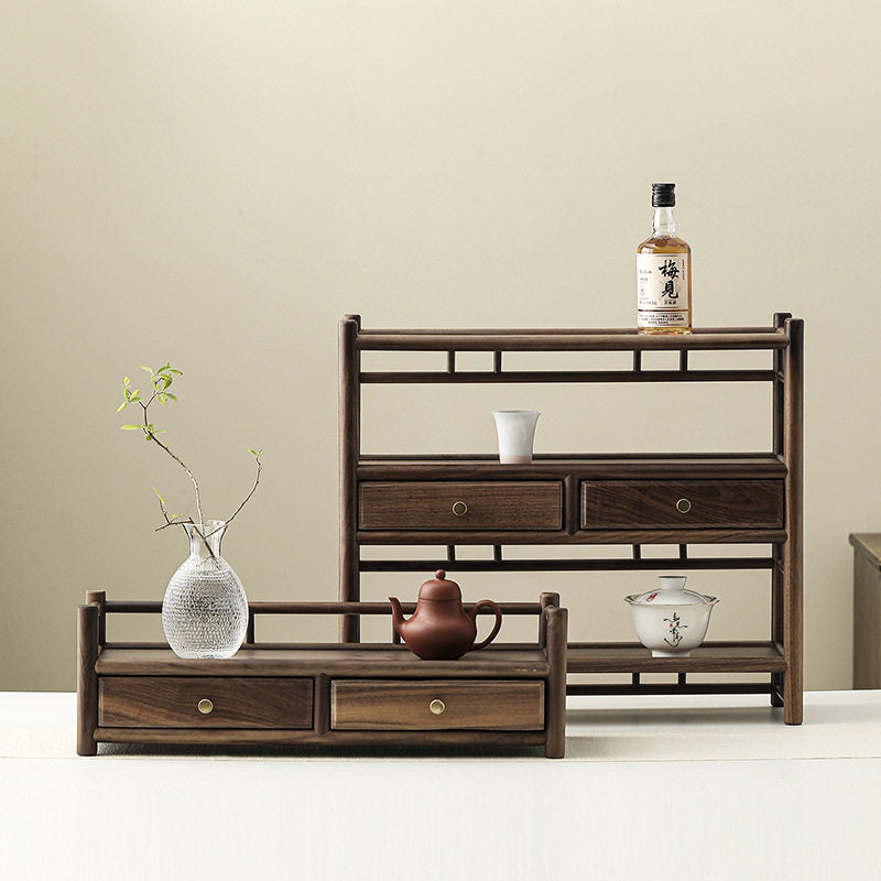 Walnut Wood Storage Rack with Drawer for Tea Set and Decor