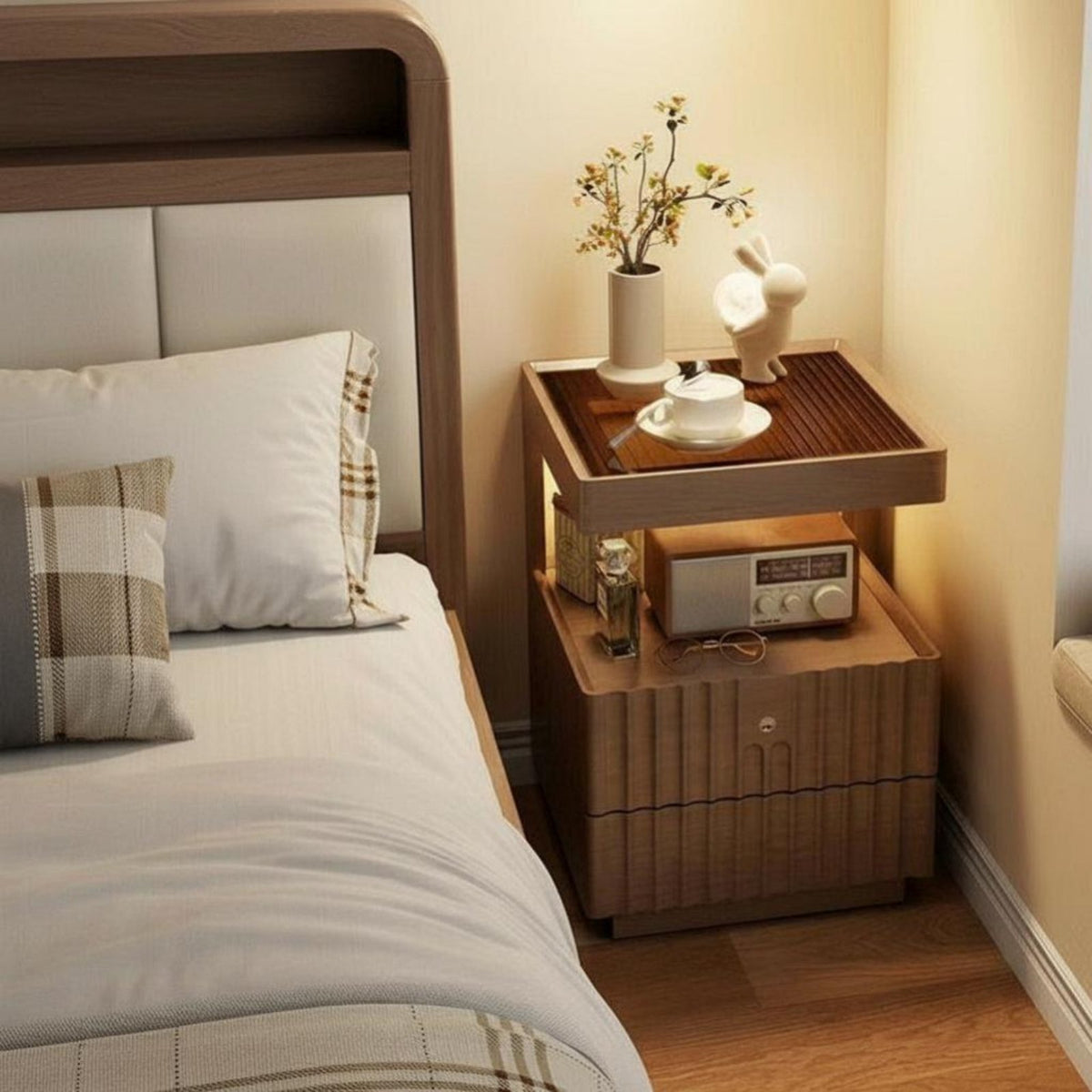 Large Capacity Storage 2-Drawer Nightstand with Accessible Shelf No Assembly Required Nightstand with Power Outlets USB Charging Port Bedside Table Built-in Light for Homeowners, Students, Adults, Bedroom, Guest Room, Lounge Area