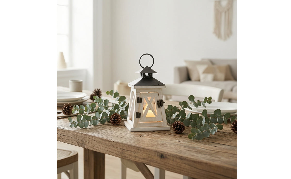 Wooden Candle Holder Lantern with Peaked Metal Cap Vintage Lantern with Glass Panels Warm Decor for Patios