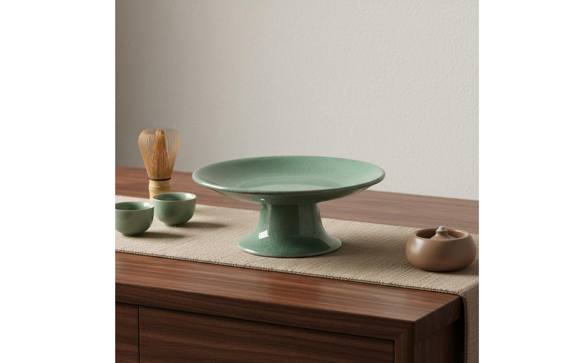 Offering Fruit Dish Home Altar Celadon Pedestal Plate Ceramic Chinese Stand Worshipers