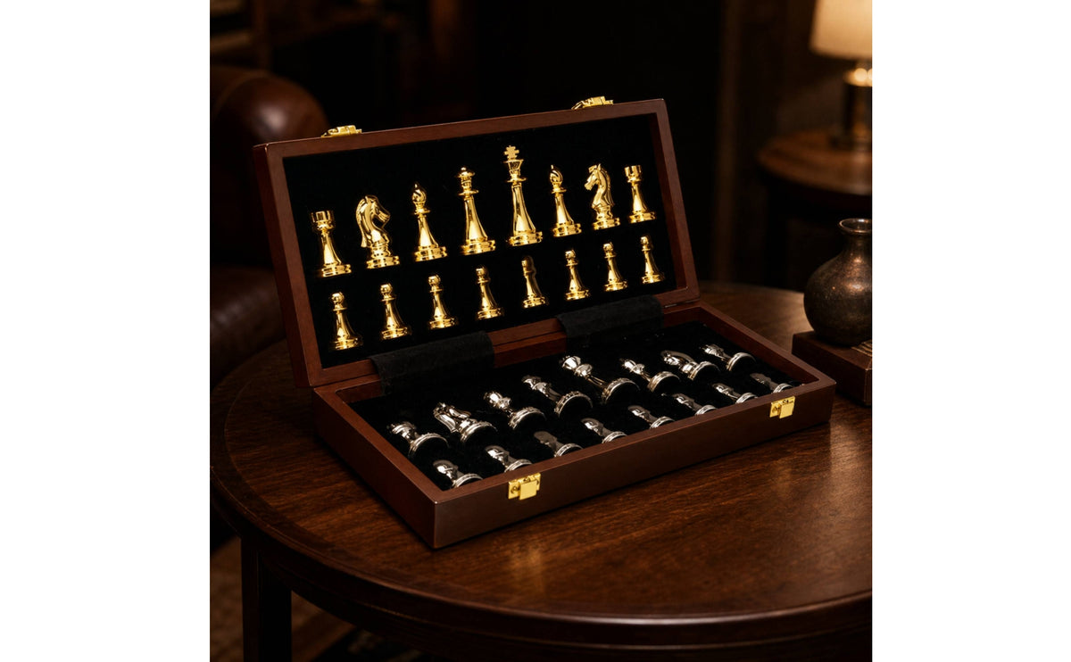 Metal Chess Set with Folding Board and Weighted Pieces