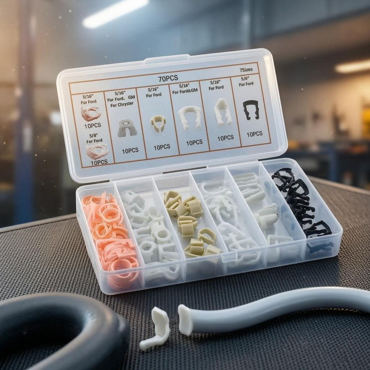 70 Pieces Labeled Sections Fuel Line Retaining Clip Assortment Kit Clear Hinged Box Fuel Line Retainer Clip Set Multiple Shapes and Sizes Multi-Color