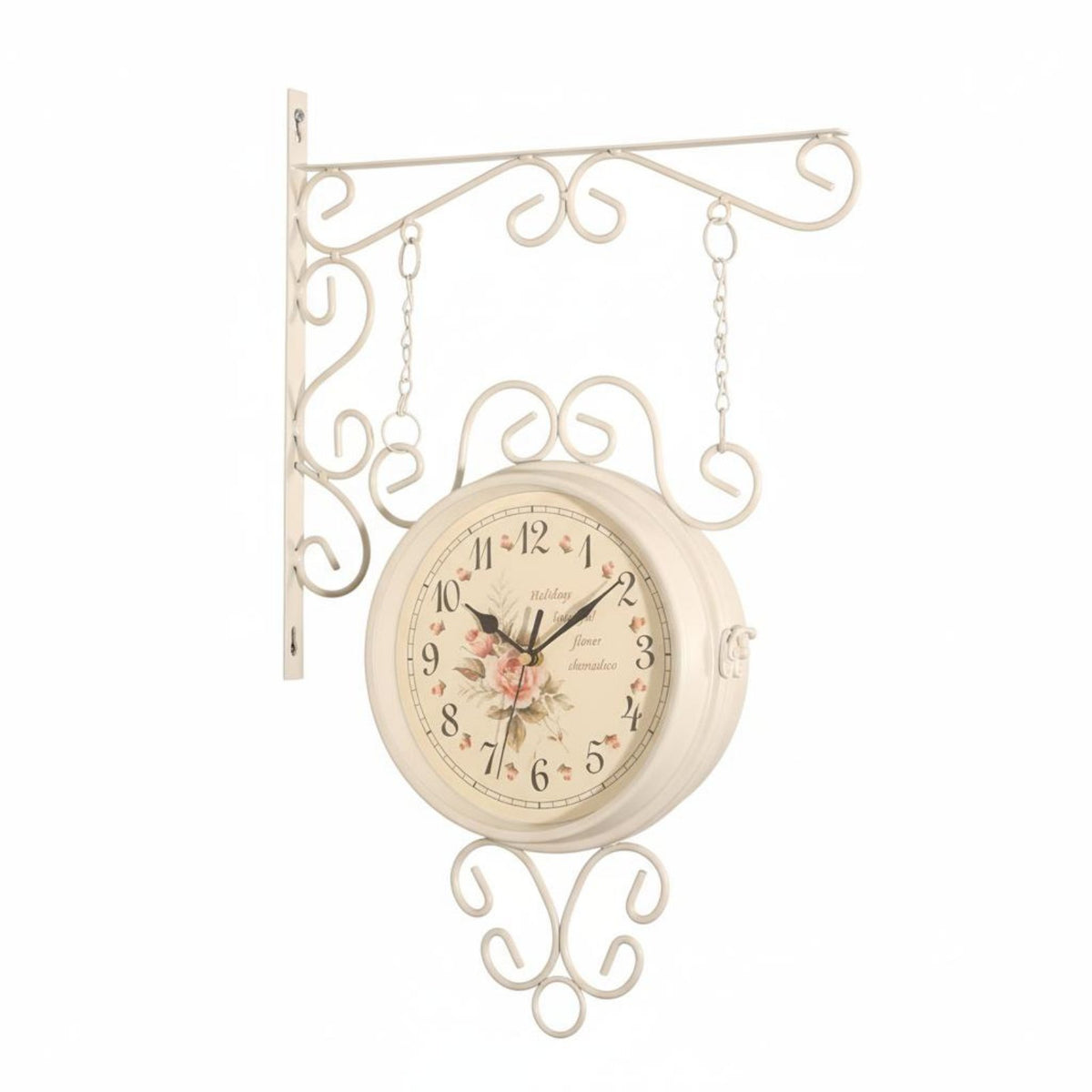Double Sided Wall Clock Floral Dial Vintage Station Clock Quiet Movement House Decoration for Hallway, Patio